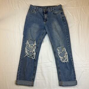 EAC Blue Denim Jeans Pearls At Knees Cropped Cuffed Xsmall Women's Straight